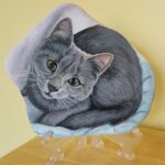 gray cat acrylic painting on santorini stone