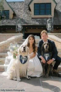 A bride and groom pose with their two dogs on their wedding day